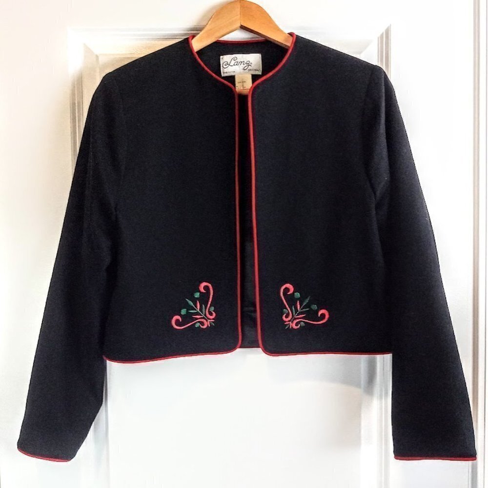 Vintage Lanz Originals Black Wool Embroidered Open Blazer